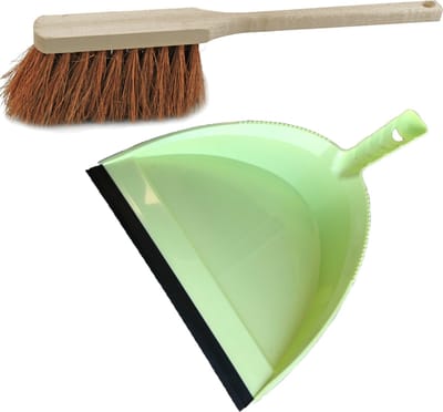 Stoffer en blik groen van kunststof/hout/kokosvezel met lip en lange steel voor binnen - Zachte borstel/handveger