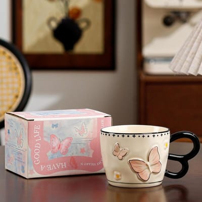 Retro Vlinder Mok met Lepel Schattige Koppels Keramische Koffiekop Meisje Strik Cadeau Meisje Waterbeker 400ml gray