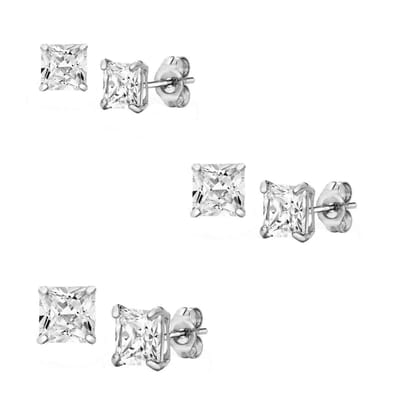 New Bling 929901025 Zilveren Oorbellen - Set van 3 Paar Oorknopjes - 3 Verschillende Maten - Vierkant - 4,6,8 mm - Zirkonia - Zilver
