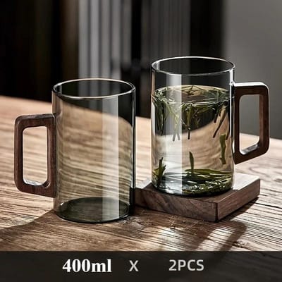 Lot de 2 tasses en verre de 400 ml avec poignée en noyer, résistantes à la chaleur, grande capacité, pour le thé et le bureau 400ML