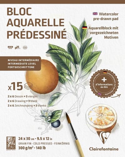 Aquarelblok -  Botanisch - Voorgedrukt - 24x30cm - 300 grams - ClaireFontaine - 15 vel