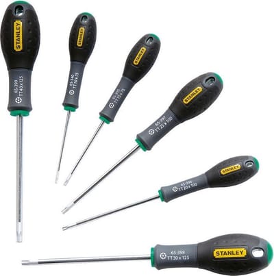Stanley 6-Delige FatMax Schroevendraaierset Torx Tt10 X 75mm. Tt15 X 75mm. Tt20 X 100mm. Tt25 X 100mm. Tt30 X 125mm. Tt40 X 125mm