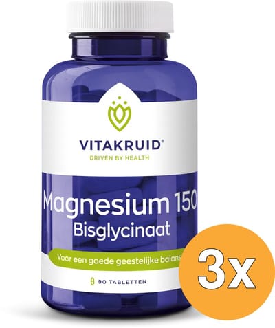 3x Vitakruid Magnesium 150 Bisglycinaat met 200mg L-Taurine (90 tabletten)