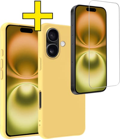 Hoesje - Met Screenprotector - Geschikt voor Apple iPhone 16 - Sterk & Shockproof - Back Cover - Siliconen Case - Telefoon Hoes - Telefoonhoesjes - Geel