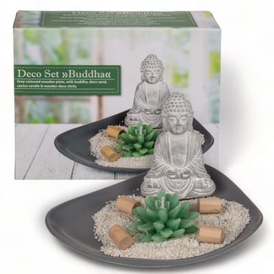 Dailygoods- Decoratieset - Cement Boeddha - Cactuskaars - Houten Sticks - Grijs Houten Bord - 20 x 16 cm - Woonaccessoires