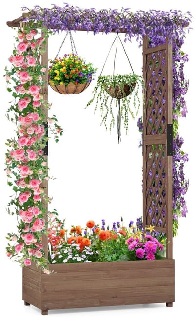 Plantenbak met klimrek - Bloembak - Weerbestendig - Met trellis - Buiten - Hout - Plantenrek - Bruin