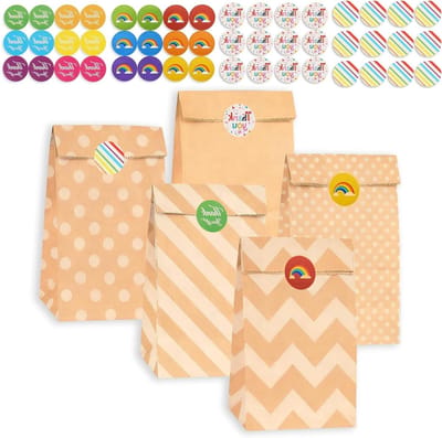 Set van 25 kraft papieren cadeauzakken in bruin, 24 x 13 x 8 cm, ideaal voor kinderfeestjes, bruiloften en DIY projecten met 48 stickers