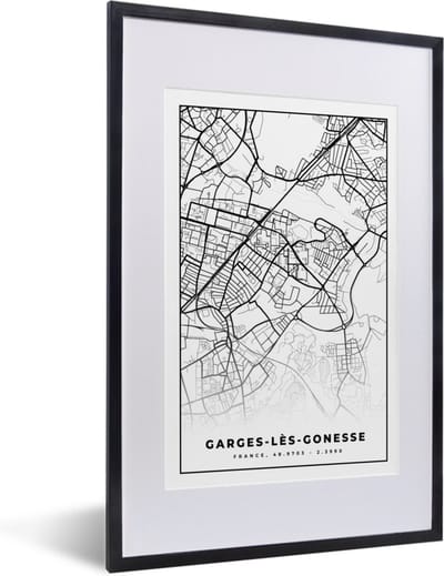 Fotolijst incl. Poster Zwart Wit- Stadskaart - Plattegrond - Kaart - Garges-lès-Gonesse - Frankrijk - Zwart wit - 40x60 cm - Posterlijst