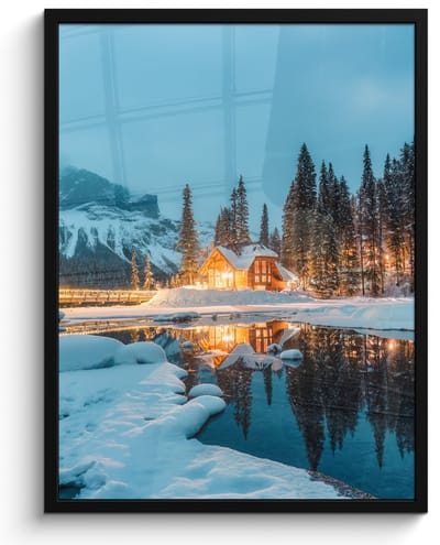 Poster in lijst - Fotolijst 50x70 cm - Posters - Winterlandschap - Natuur - Huis - Bergen - Sneeuw - Posterlijst zwart - Decoratie - Wanddecoratie woonkamer - Muurdecoratie slaapkamer