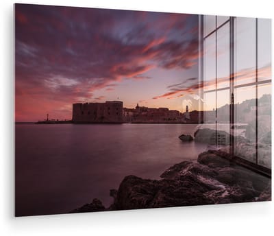 ® Glasschilderij 180x120 cm - Schilderij acrylglas - Zonsondergang boven de haven binnen de stadsmuren Dubrovnik - Foto op glas - Muurdecoratie woonkamer - Wanddecoratie slaapkamer - Schilderijen