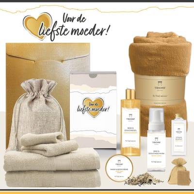 Geschenkset “Voor de liefste moeder!” - 11 producten - 1660 gram | Triomf Original - Giftset voor haar Cadeau Moederdag Luxe Wellness Pakket Vrouw Speciaal Cadeaupakket Bedankt Geschenk Lieve Mama Verjaardag Kerst Kerstpakket Gift Set Geel Crème