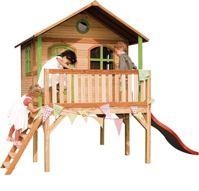 AXI Sophie Speelhuis Bruin/groen - Rode Glijbaan - Classic speelhuisje met verdieping en ladder – FSC hout - Speeltoestel voor kinderen