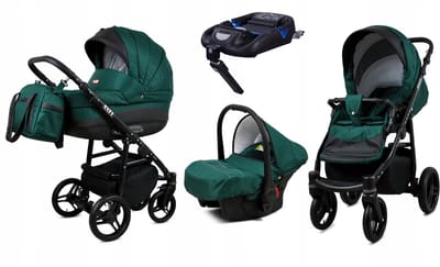 BabyLux® Kinderwagen 4in1 - AXEL - BOTTLE GREEN BLACK FRAME - Opklapbare Wandelwagen incl. Reiswieg, Multifunctionele Buggy Sportstoel, Autostoel, ISOFIX basisstation - Combi-kinderwagen met Luiertas, Regenhoes, Klamboe