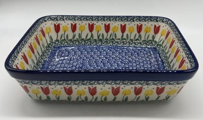 Bunzlau keramiek rechthoekige ovenschaal tulpen