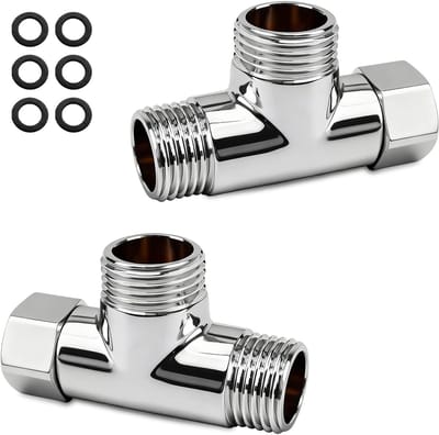 3-Weg T-Stuk 1/2 Inch - 2 Stuks Verbindingsklep, 20 mm Douche Slang Adapter van Koper met 6 Seals voor Douche, Kraan en Toilet