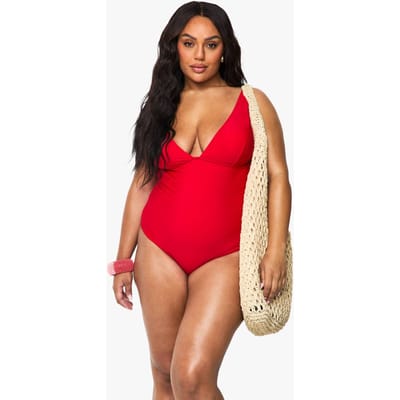 boohoo Dames Badpak met buikcontrole en diepe V-hals | Red | Maat: 28