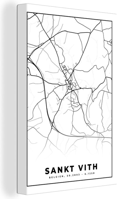 Canvas Schilderij Zwart Wit – België – Plattegrond – Stadskaart – Kaart – Sankt Vith - 20x30 cm - Wanddecoratie