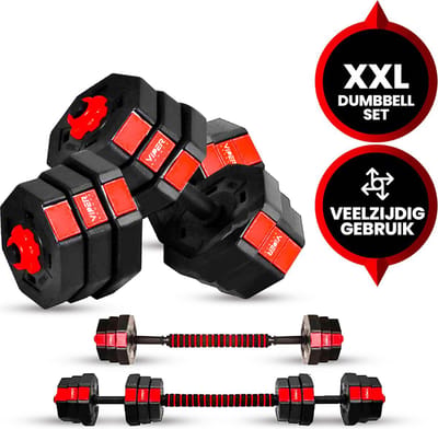 Verstelbare Dumbbell set tot 30kg – Halterset – Professionele 2-in-1 Halterset met gewichten – Krachttraining – Gebruiksvriendelijke Fitness Halterstang – Viper Sports – Rood