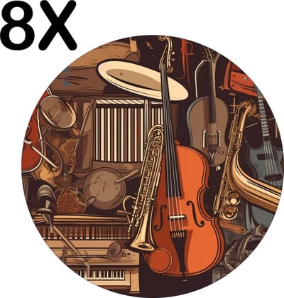 Luxe Ronde Placemat - Getekende Muziek Instrumenten - Set van 8 Placemats - 50x50 cm - 2 mm dik Vinyl - Anti Slip - Afneembaar
