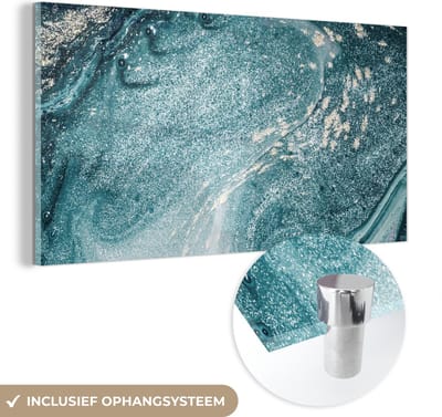 MuchoWow® Glasschilderij 40x20 cm - Schilderij acrylglas - Edelstenen - Blauw - Natuur - Marmer - Abstract - Foto op glas - Schilderijen
