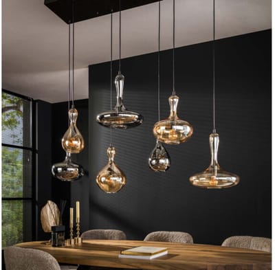 Hanglamp van 7 Karaf Lampen - Amber/Zwart - Artic Black Finish - Glas - Woonkamer - Keuken - Hanglamp - In Hoogte Verstelbaar tot 150 cm - Exclusief Lichtbron - Voedingstype Netstroom