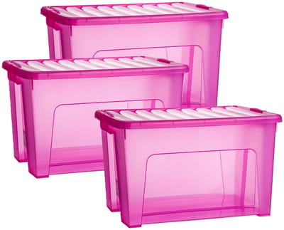 Plasticforte Opslagbox - 3x - met deksel - transparant roze - 47 liter - 54 x 38 x 32 cm - kunststof - opbergdoos - opbergen