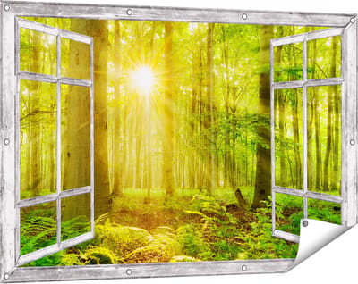 Gards Tuinposter Doorkijk Groen Bos met Schijnende Zonnestralen - 120x80 cm - Tuindoek - Tuindecoratie - Wanddecoratie buiten - Tuinschilderij