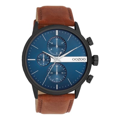 OOZOO Timepieces - Zwarte OOZOO horloge met bruine leren band - C11222
