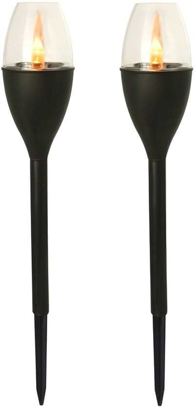 Gerimport Tuinlamp - 2x - solar - LED licht - kunststof - H37 cm - zwart - grondpin - vlam effect