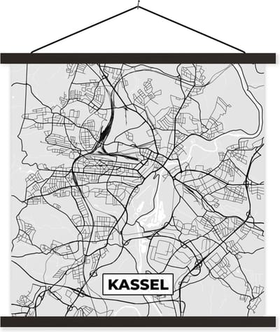 Posterhanger incl. Poster 60x60 cm - Schoolplaat - Plattegrond - Duitsland - Kassel - Kaart - Stadskaart - Textielposter - Zwarte latten - Stadskaart