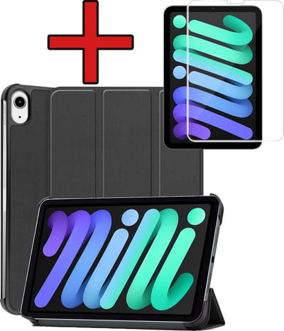 Hoesje - Geschikt voor Apple iPad Mini 7 (2024) - 8.3 inch - 7e Generatie - Met Screenprotector - Hardcover Book Case - Trifold Bookcase Hoes - Hard Cover - Tablethoes - Zwart