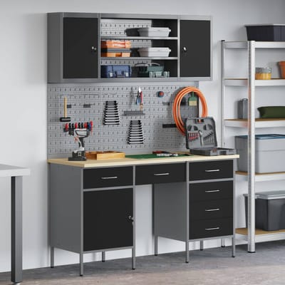 vidaXL - Werk - Cabinet - met - lade - 7 - st - Zwart - Engineered - hout - en - staal