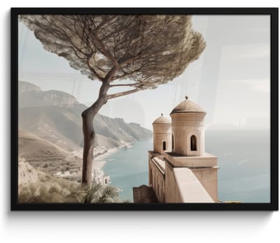 Poster in lijst - Fotolijst 80x60 cm - Posters - Kust - Klif - Boom - Gebouw - Posterlijst zwart - Decoratie - Wanddecoratie woonkamer - Muurdecoratie slaapkamer