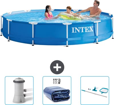 Intex Rond Frame Zwembad - 366 x 76 cm - Blauw - Inclusief Zwembadfilterpomp - Solarzeil - Schoonmaakset