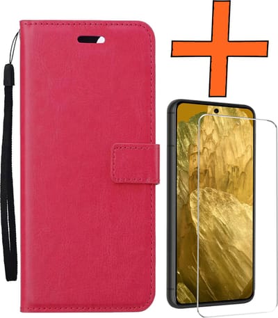 Hoes - Met Screenprotector - Geschikt voor Google Pixel 8a - Luxe Pasjeshouder - Bookcase Portemonee - Flip Case - Kunstleer Book Case - Flipcase - Book Cover - Walletcase - PortemonneeHoes - Donkerroze