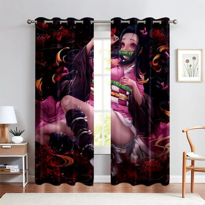 Japans klassiek -bloedig anime patroon bedrukte gordijnen, animatie, slaapkamer, kinderkamer tunnelzak decoratieve gordijnen W50xH140(CM)x2PCS&Rod pocket gray