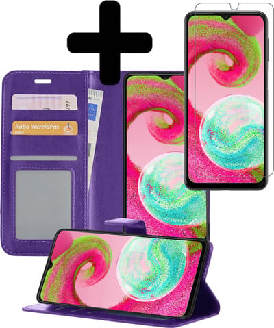Hoesje - Met Screenprotector - Geschikt voor Samsung Galaxy A04s - Luxe Pasjeshouder - Bookcase Portemonee - Flip Case - Kunstleer Book Case - Flipcase - Book Cover - Walletcase - Portemonneehoes - Telefoonhoesjes - Paars