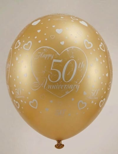 ballon (6x) geel metaal (goudeffect) met 50th Anniversary & hartjesprint - 27 cm - Qualatex ***op is op ***