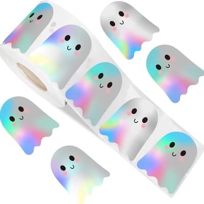 Rouleau de 500 autocollants d'Halloween fantôme autocollants laser fantôme décoratifs en papier autocollant pour cadeaux de fête d'Halloween