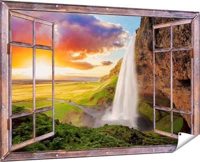 Gards Tuinposter Doorkijk Waterval in IJsland met Zonsondergang - 180x120 cm - Tuindoek - Tuindecoratie - Wanddecoratie buiten - Tuinschilderij