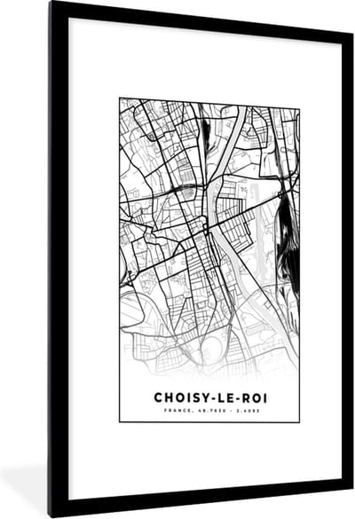Fotolijst incl. Poster Zwart Wit- Frankrijk - Choisy-le-Roi - Plattegrond - Stadskaart - Kaart - Zwart wit - 60x90 cm - Posterlijst