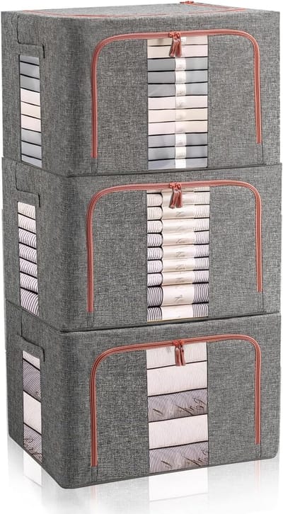 Set van 3 opbergdozen voor kleding met metalen frame, opvouwbaar, opbergzakken voor kleding, dekbedden, dekens, kussens, speelgoed, jassen, grijs (22 l)