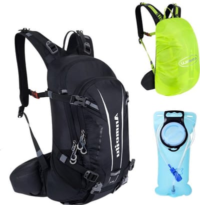 CarryQuest® - 20L Fietsrugzak Schoudertas + 2L Water Bag - Nylon Hydratatierugzak met Regenhoes, Drinksysteem, Rugventilatie & Front-/Toploader - 47x28x16 cm - Zwart
