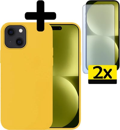 Hoesje - Met 2x Screenprotector - Geschikt voor Apple iPhone 15 - Sterk & Shockproof - Back Cover - Siliconen Case - Telefoon Hoes - Telefoonhoesjes - Geel