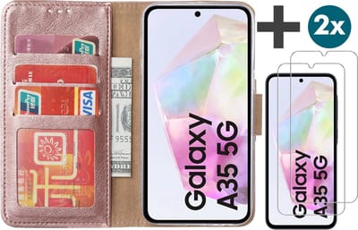 Hoesje met 2 Stuks Screenprotectors Geschikt voor Samsung Galaxy A35 – Arara bookcase met pasjeshouder - Rosegoud
