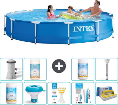 Intex Rond Frame Zwembad - 366 x 76 cm - Blauw - Inclusief Pomp - Chloor - Chloordrijver - Testrips - Reparatiesetje - Scrubborstel - PH-min - PH-plus - Thermometer - 10-delig