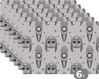 Placemat - Placemats kunststof - Maya - Maskers - Zwart-Wit - Patroon - 45x30 cm - 6 stuks - Hittebestendig - Anti-Slip - Onderlegger - Afneembaar