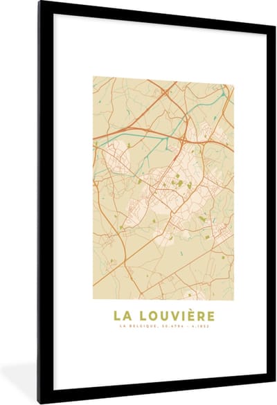 Fotolijst incl. Poster - Plattegrond - Vintage - La Louvière - Kaart - Stadskaart - 60x90 cm - Posterlijst