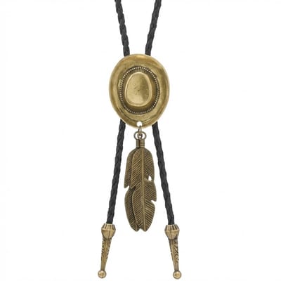 Zwarte bolo tie ketting voor heren met goudkleurige cowboyhoed en veren – western stijl – herenaccessoire