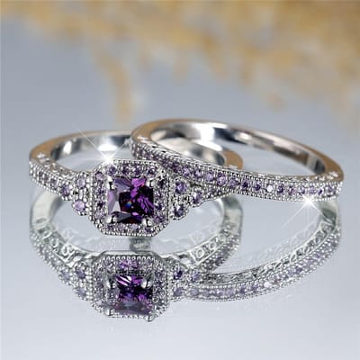 Luxe Kristal Paarse Zirkoon Steen Vierkante Ringen Voor Vrouwen Vintage Kleur Trouwring Bruidssieraden Verlovingscadeau 13 gray
